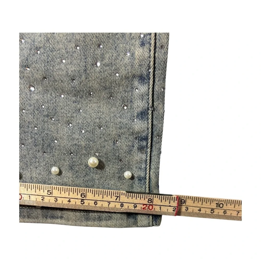 Reveer Jeans RVR Rhinestone Pearl Embellished Flare Denim Blue Vintage Wash 30